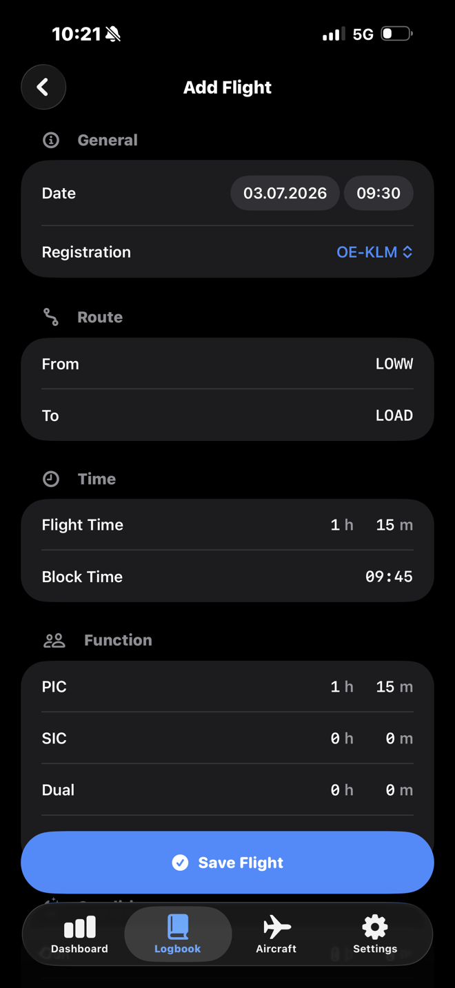 The add-flight screen with route, block time, PIC time and function fields.