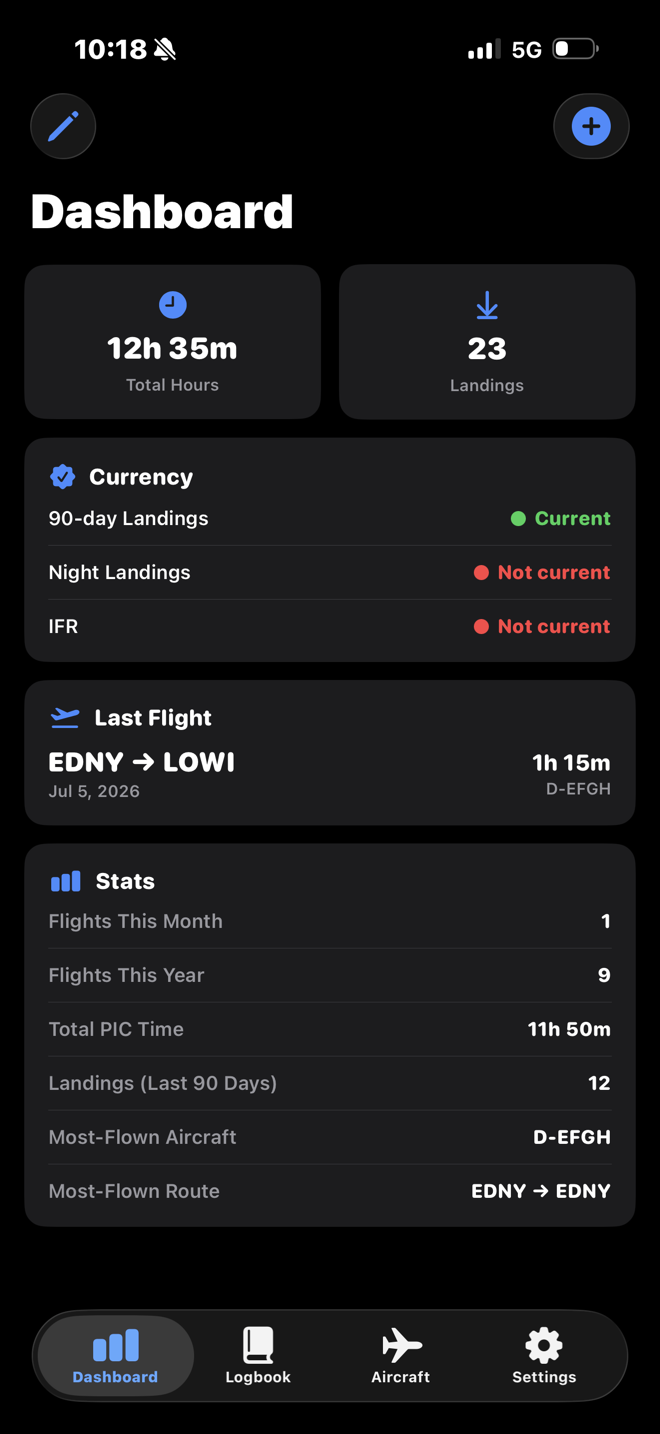 The AeroLog dashboard showing total hours, landings, currency status and lifetime stats.