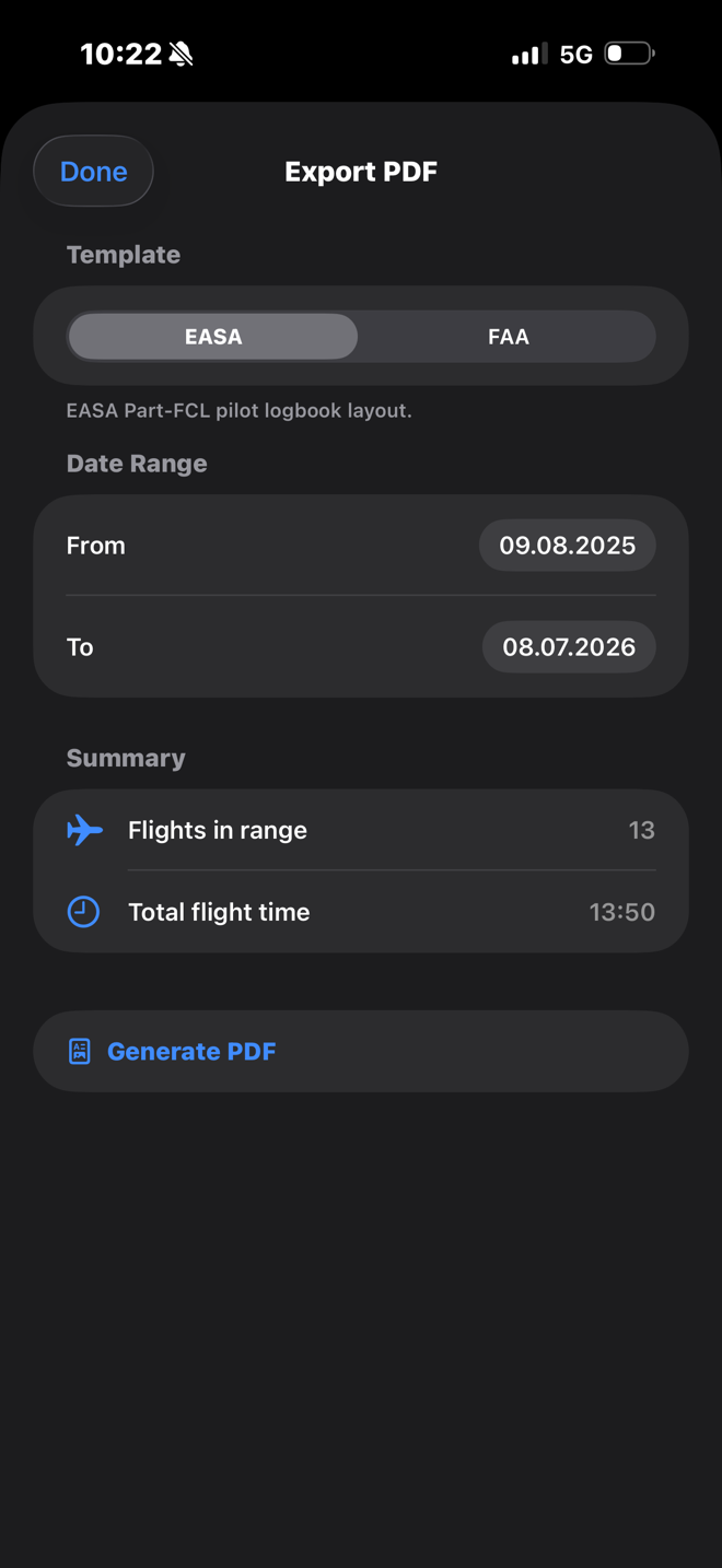 The PDF export screen with EASA and FAA template options, a date range and summary totals.